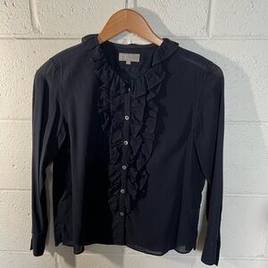 Margaret Howell navy blue subtle stripe ruffle neck collar